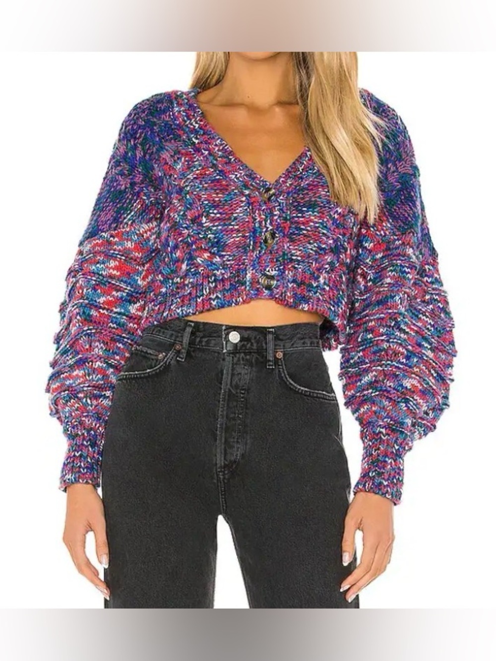 For Love And Lemons Purple Pink Blue Multicolor V-Neck Cropped Sweater